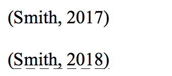 Citations for '(Smith, 2017)' and '(Smith, 2018)' with a dashed underline on the latter
