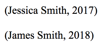 Citations for '(Jessica Smith, 2017)' and '(James Smith, 2018)'