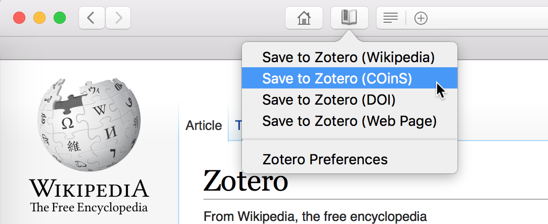 Save button context menu with option to save to Zotero using COinS on Wikipedia page