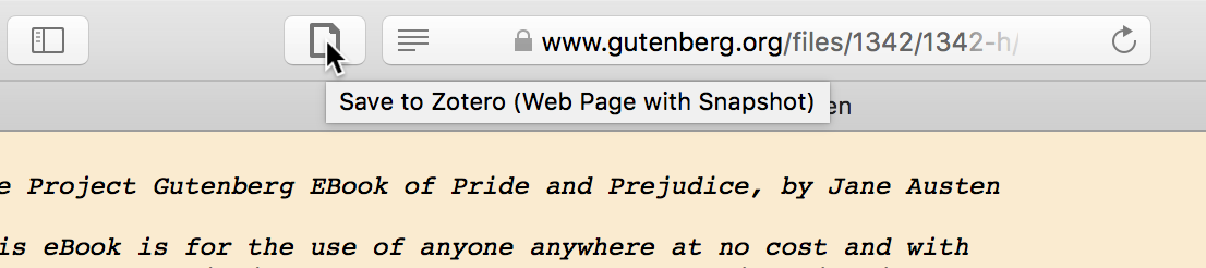 Tooltip when hovering over save button that says 'Save to Zotero (Web Page with Snapshot)'