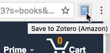 the Firefox toolbar on an Amazon webpage showing a book icon and a tooltip saying Save to Zotero (Amazon)