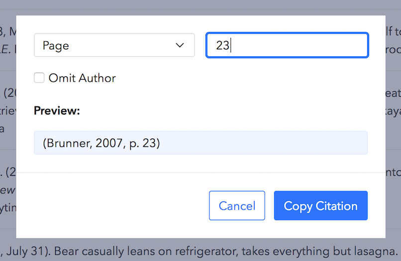 Copy Citation dialog with a page number entered