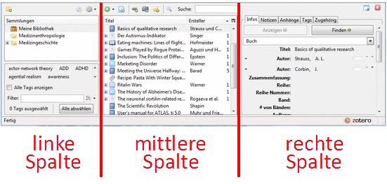 Drei Spalten des Zotero-Fensters