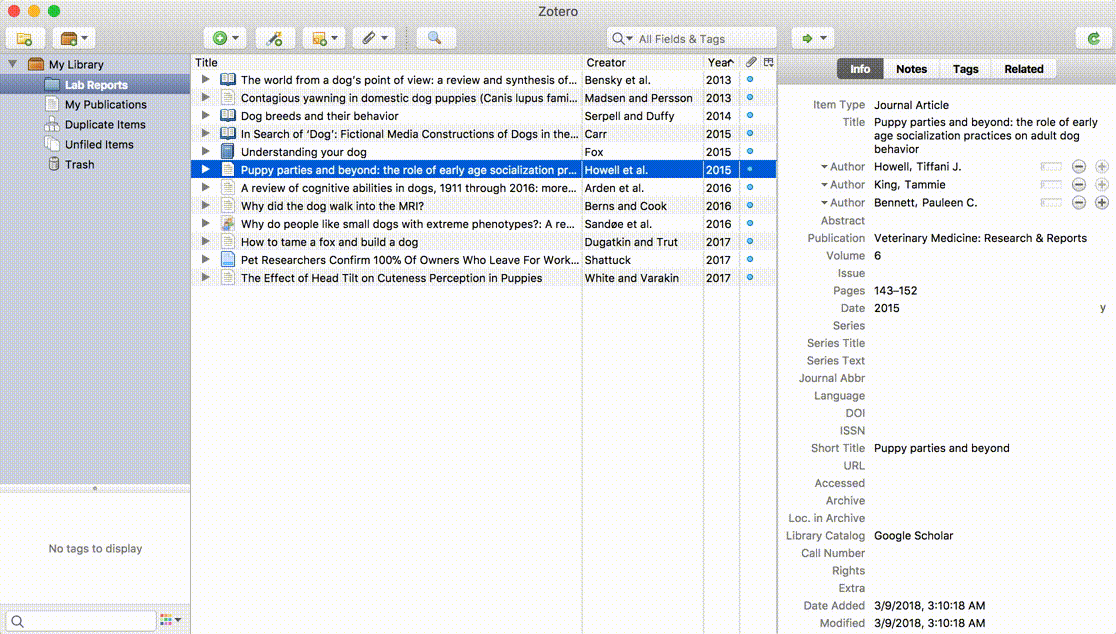 Gif image of Zotero showing the steps described above for retrieving PDF metadata