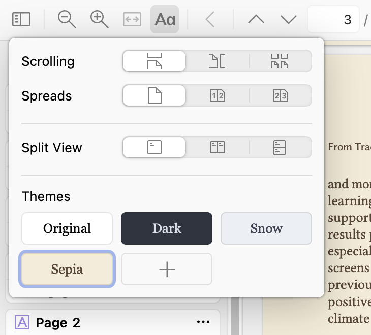 Panel coming down from reader toolbar with options such as Scrolling, Spreads, and Split View and a Themes section showing Original, Dark, Snow, and Sepia themes plus a plus button