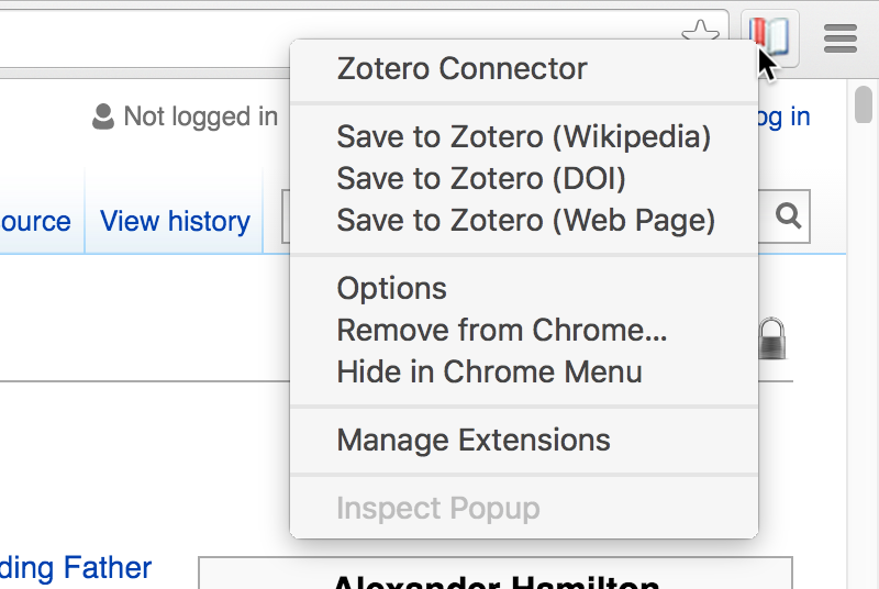 Right-clicking on the new toolbar button to show Wikipedia, DOI, and Web Page as possible saving options