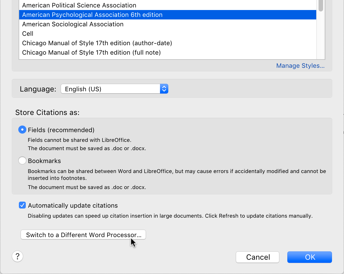 Zotero plugin Document Preferences window