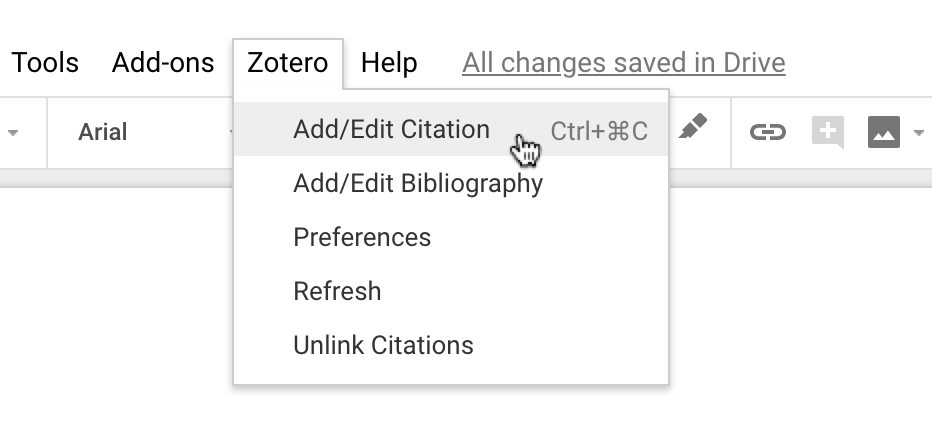Zotero menu highlighted in Google Docs, showing "Add/Edit Citation" option.