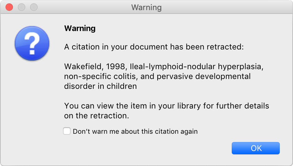 screenshot of the citation retraction warning