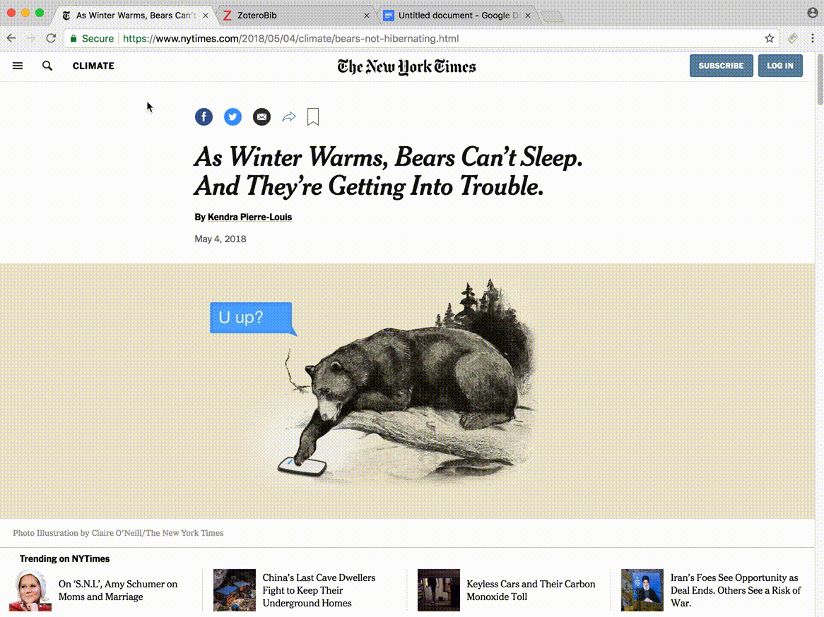 An animation of viewing a New York Times article, copying the URL to ZoteroBib to add a bibliography item, and copying the bibliography to Google Docs