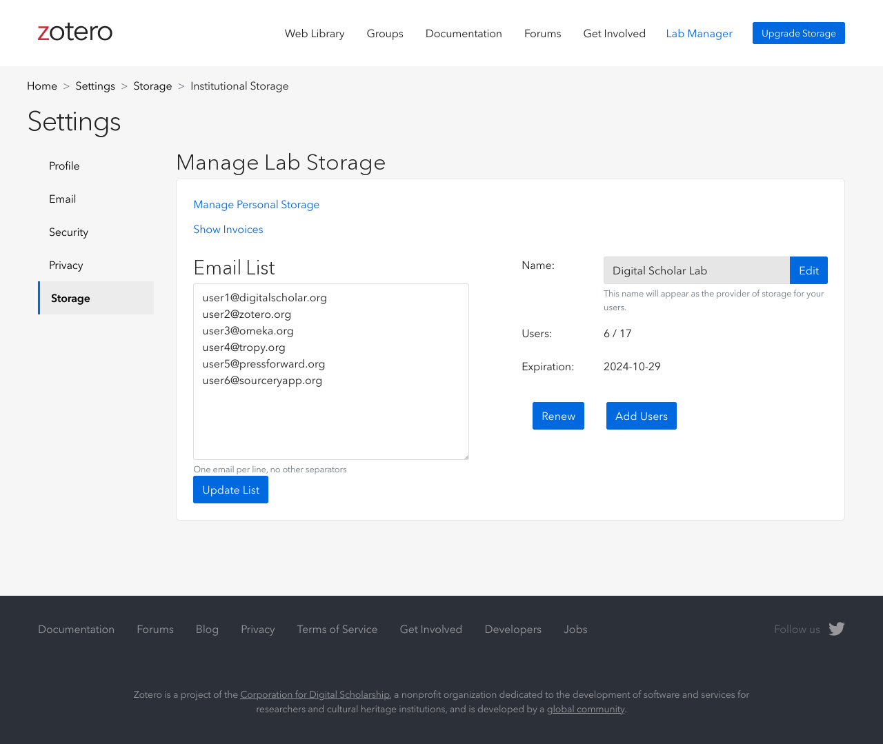 Screenshot of Zotero Lab management interface