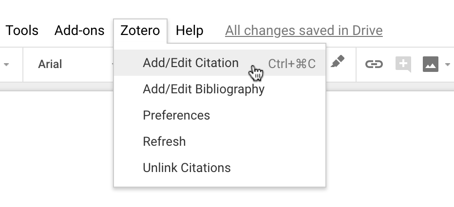 A screenshot of the Zotero menu in Google Docs, showing add/edit citation, add/edit bibliography, and a couple of other options.