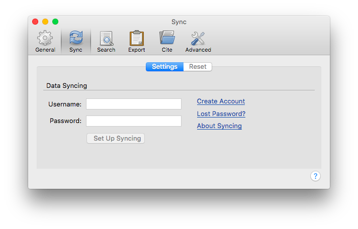 The "data syncing" page in Zotero