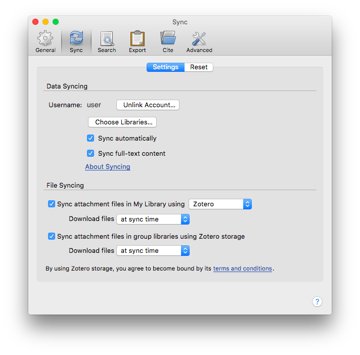 the settings for managing data syncing and file syncing in Zotero
