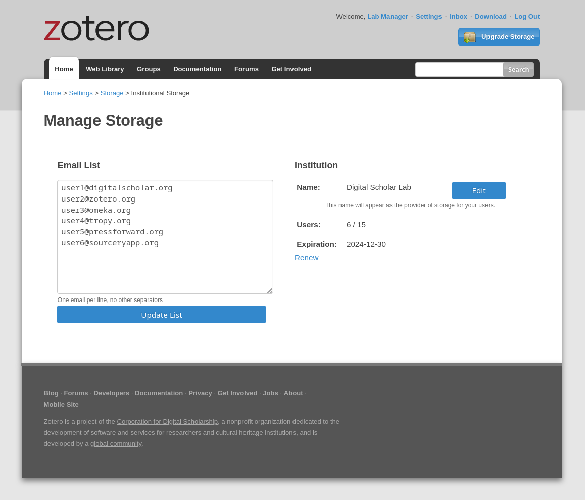 Screenshot of Zotero Lab management interface